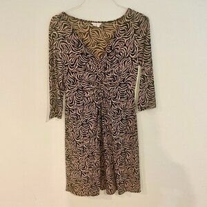 London Times Long Sleeve V-Neck Center Ruching Brown Zebra Print Dress - Size 8